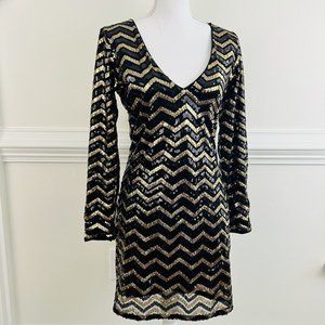 DIVIDED by H&M Womens Sz 10 Sequined Gold & Black Chevron Dress ~ Sparkly